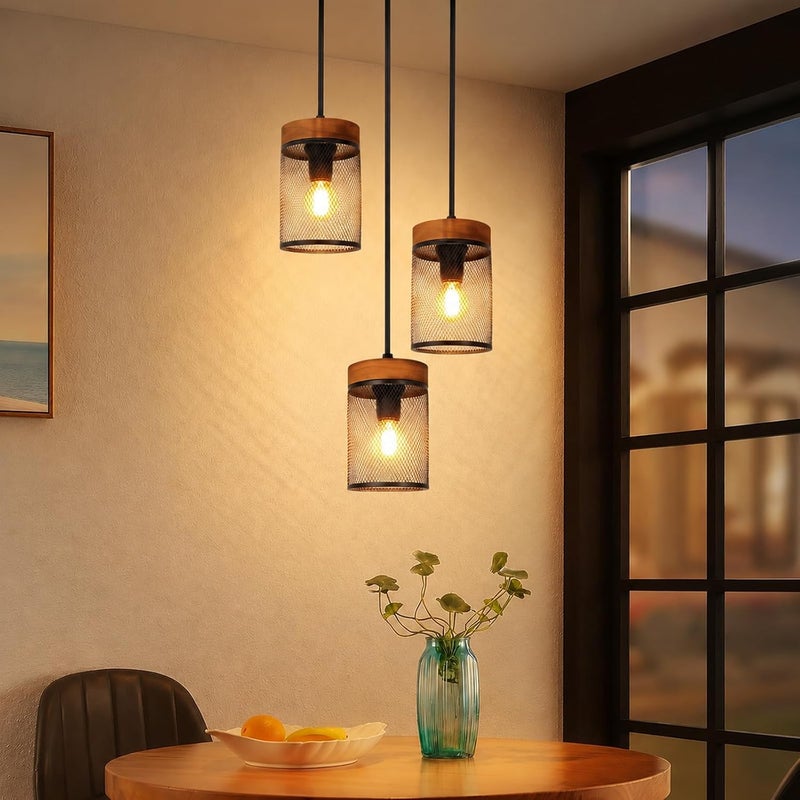 NETTLIFE 3-punktowa lampa wisząca E14 nad stół jadalny, żyrandol w stylu vintage z drewna i czarnego metalu, lampa sufitowa w stylu retro