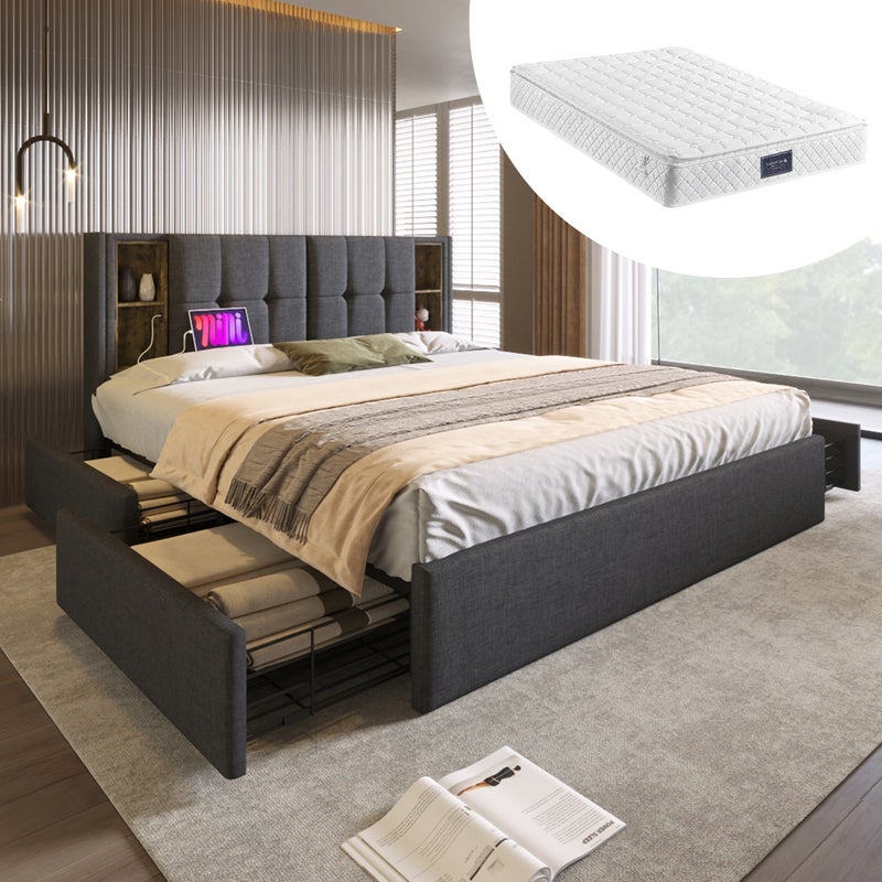 Łóżko dwuosobowe 160 x 200 cm z ładowaniem bezprzewodowym USB C i 4 szufladami - welurowe - szare + Materac