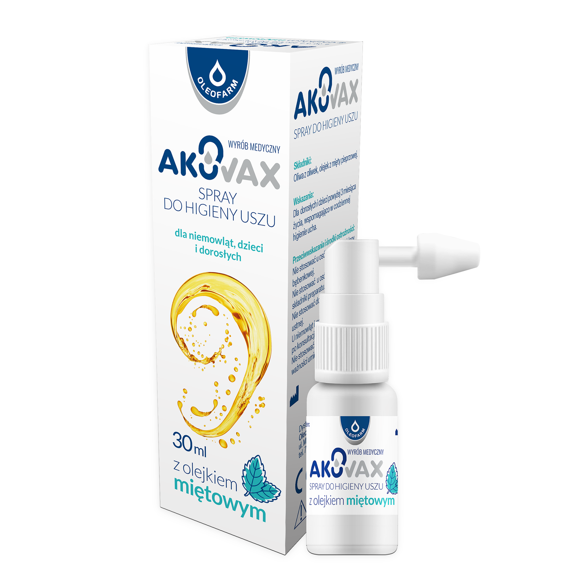 Akuvax, spray do higieny uszu z olejkiem miętowym, 30 ml