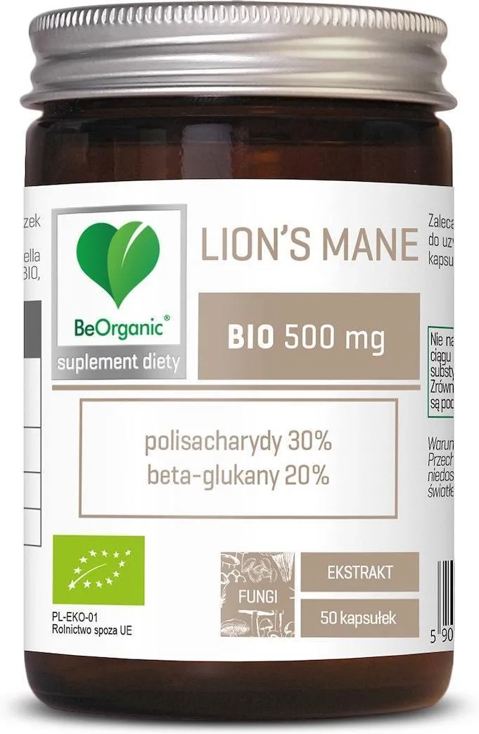 BeOrganic, Lion’s Mane BIO ekstrakt 30/20, 500 mg, kapsułki, 50 sztuk