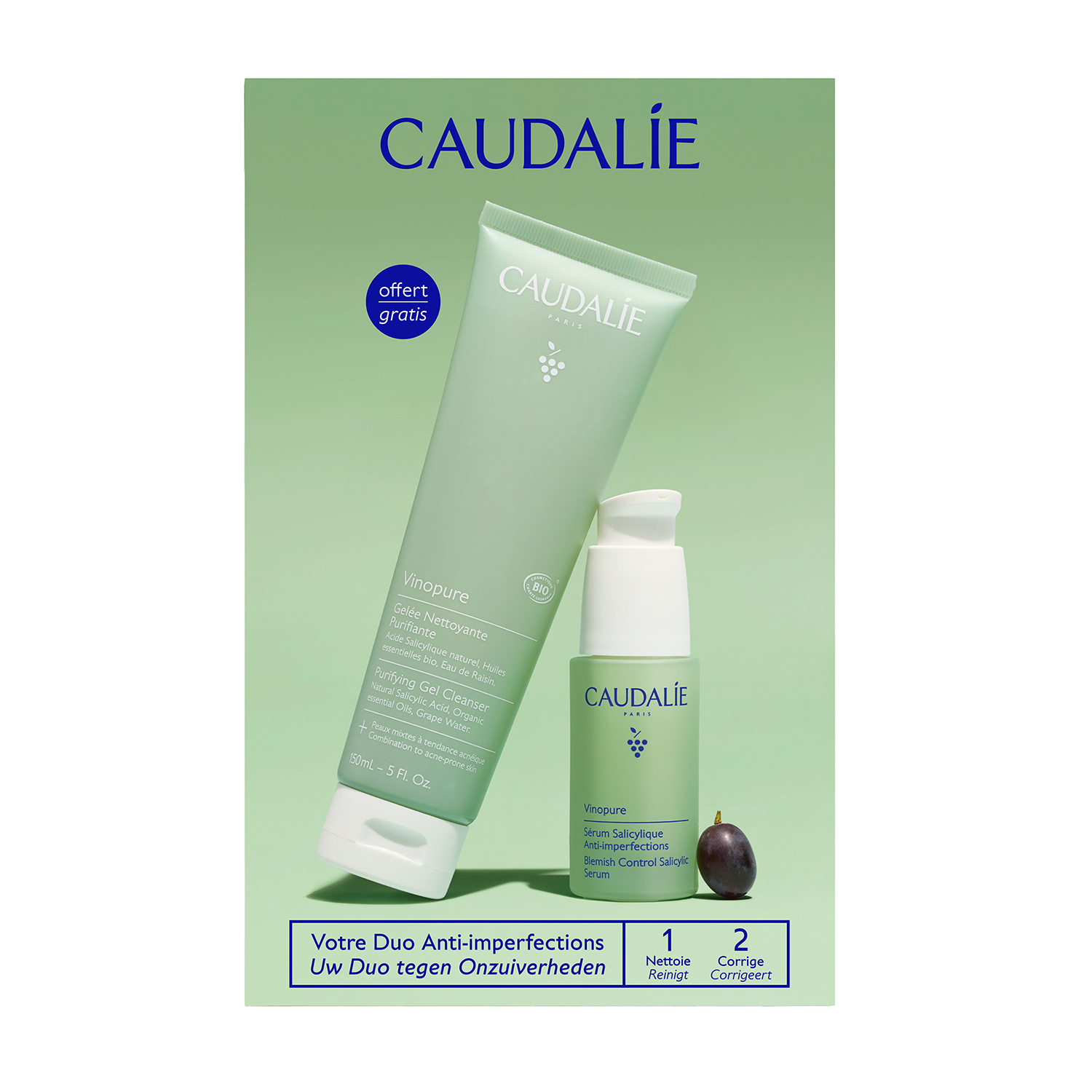 Caudalie Vinopure Zestaw Serum 30 ml, Żel myjący 150 ml