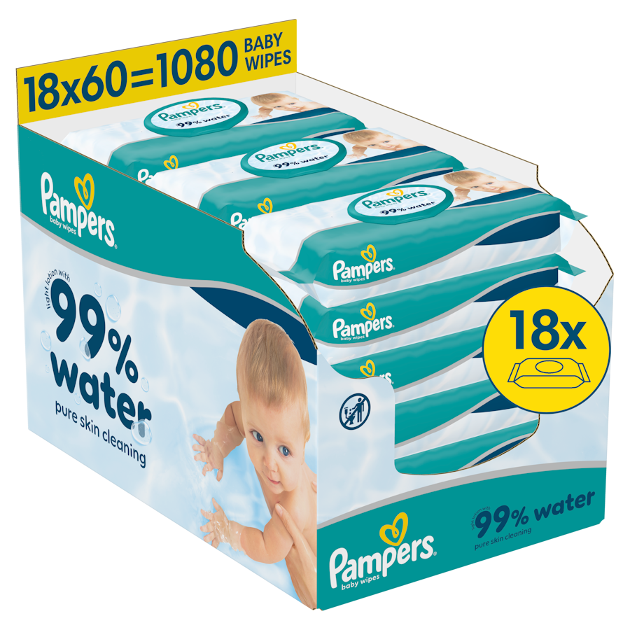 Pampers 99% Water, chusteczki nawilżane dla dzieci, 18 x 60 sztuk