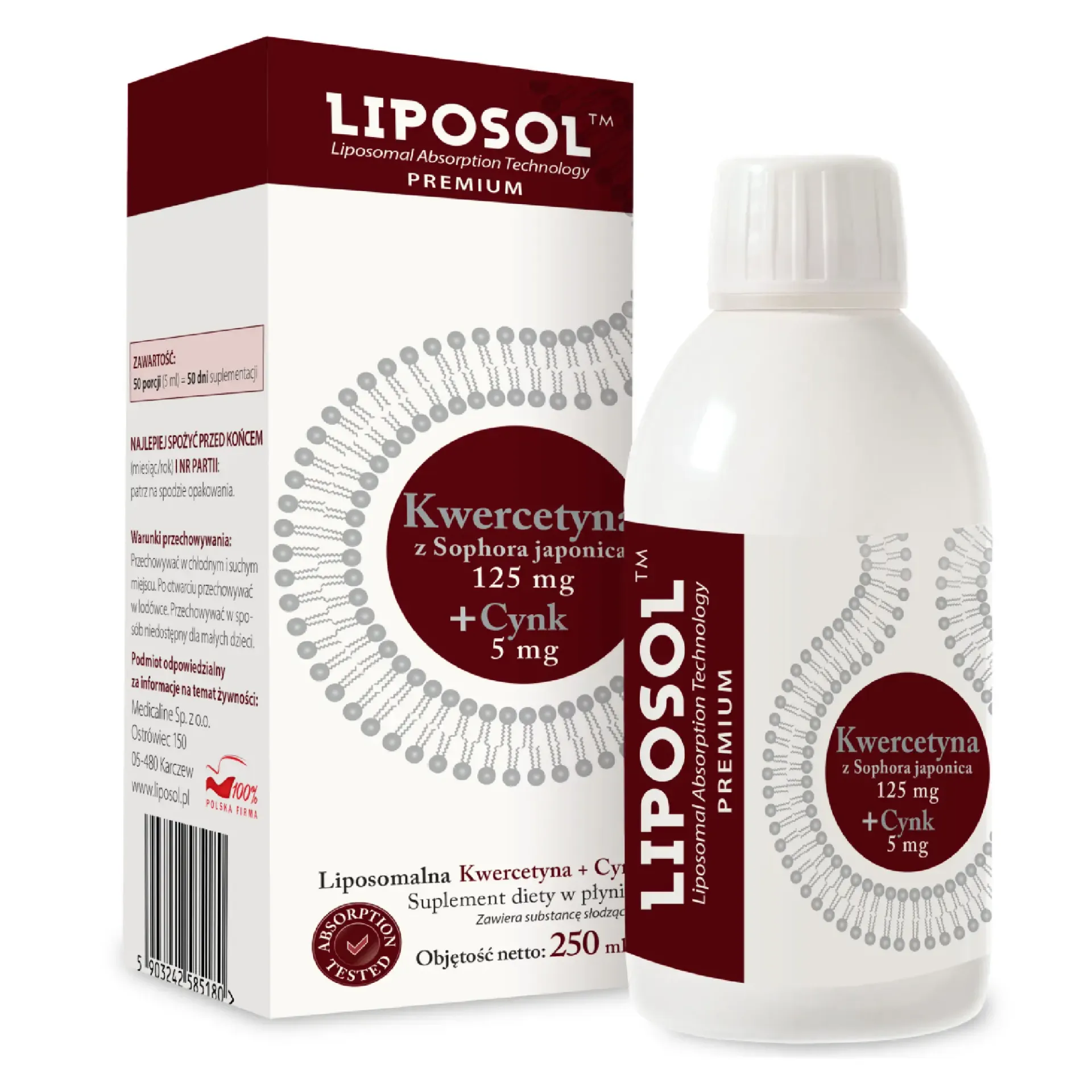 Liposol, Liposomalna Kwercetyna 125 mg + Cynk 5 mg, płyn, 250 ml