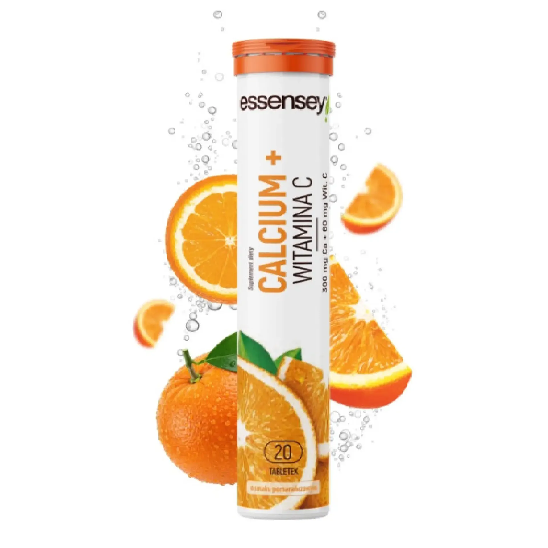 Essensey Calcium 300 Mg + Witamina C 60 Mg Pomarańcza, tabletki musujące, 20 sztuk