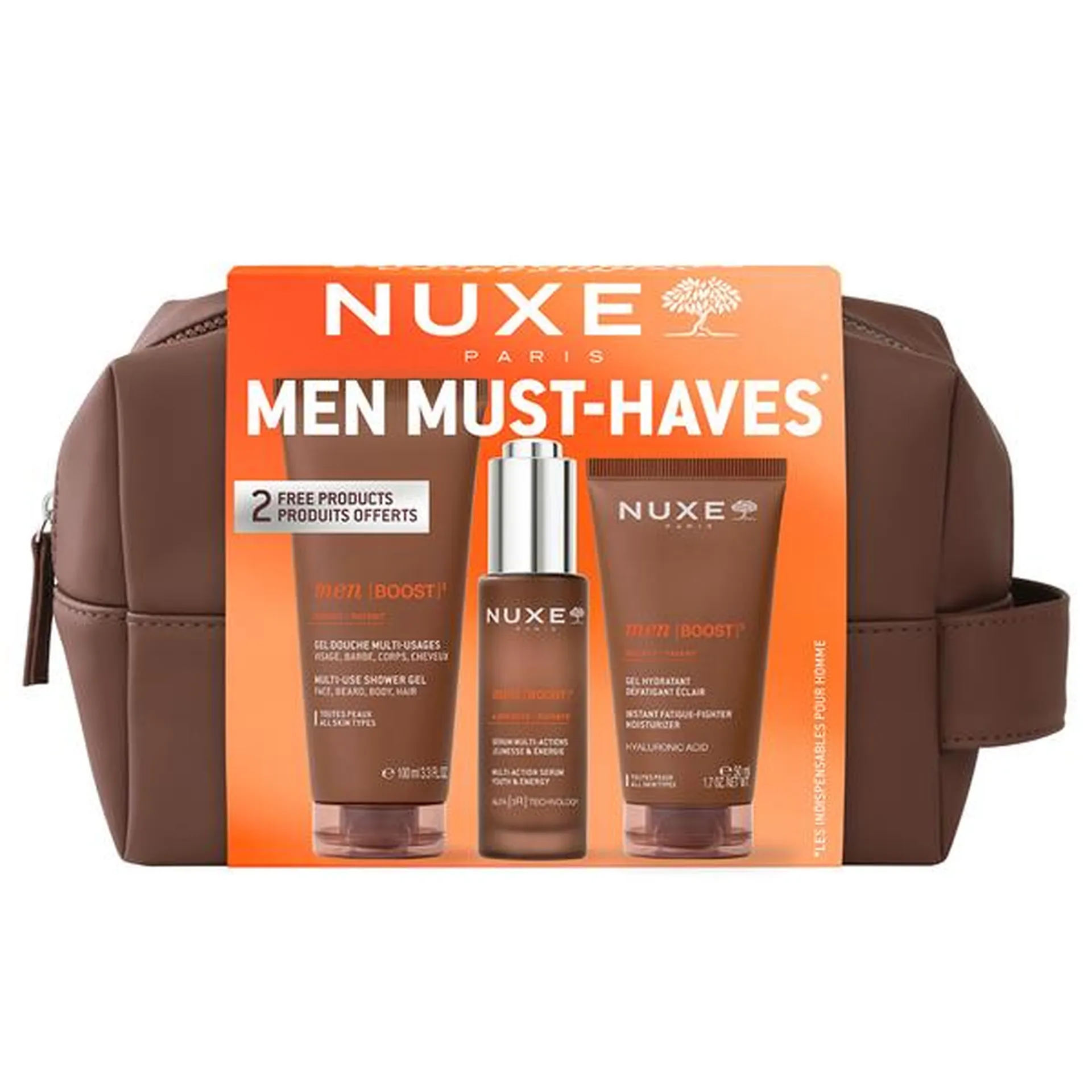 Nuxe Men Boost, Zestaw 2026 serum wielofunkcyjne 30 ml+żel nawilżający 50 ml+żel pod prysznic 100 ml