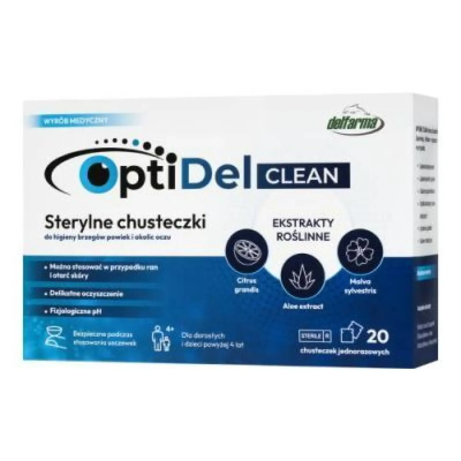 OptiDel Clean, sterylne chusteczki do pielęgnacji oczu, 20 sztuk
