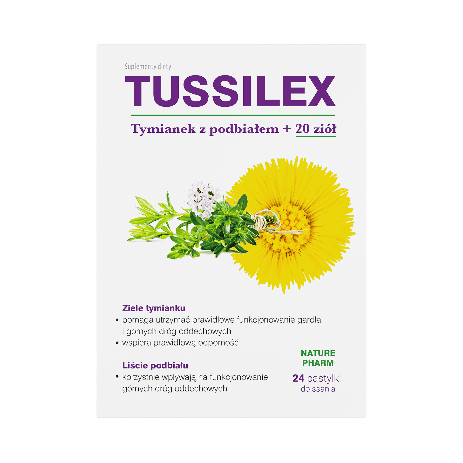 Tussilex Tymianek Z Podbiałem + 20 Ziół, pastylki do ssania, 24 sztuki
