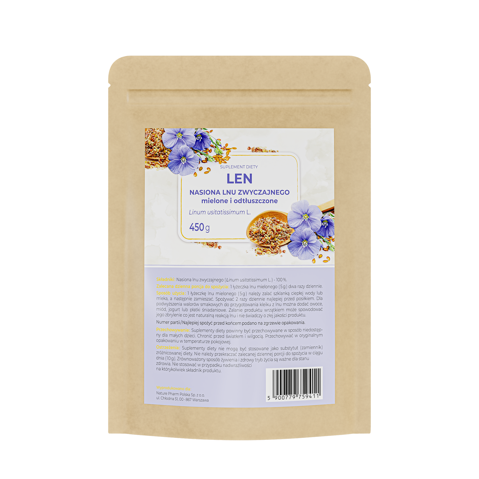 Len nasiona lnu zwyczajnego mielone i odtłuszczone, 450 g