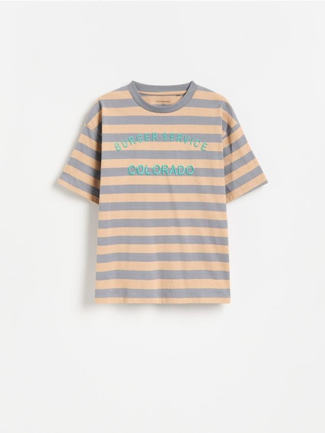 Reserved - T-shirt w paski z haftem - beżowy