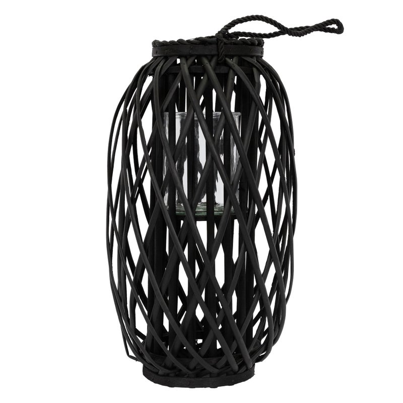 Lampa ogrodowa Ried 50 x Ø28 cm, czarna, z uchwytem z liny imitującym pleciony rattan, szklana wkładka w stylu retro, ręcznie pleciony kosz