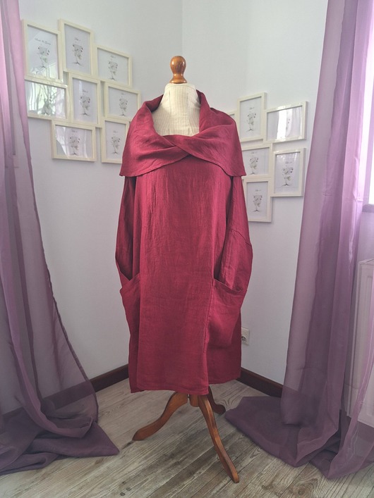 Lniana sukienka tunika XXL burgund