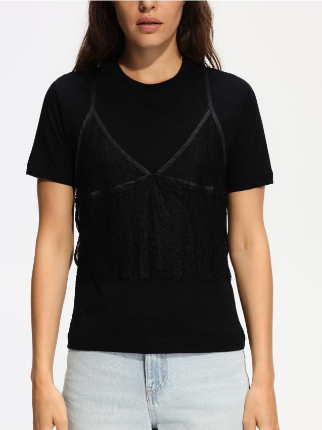Reserved - T-shirt z koronkowym topem - czarny