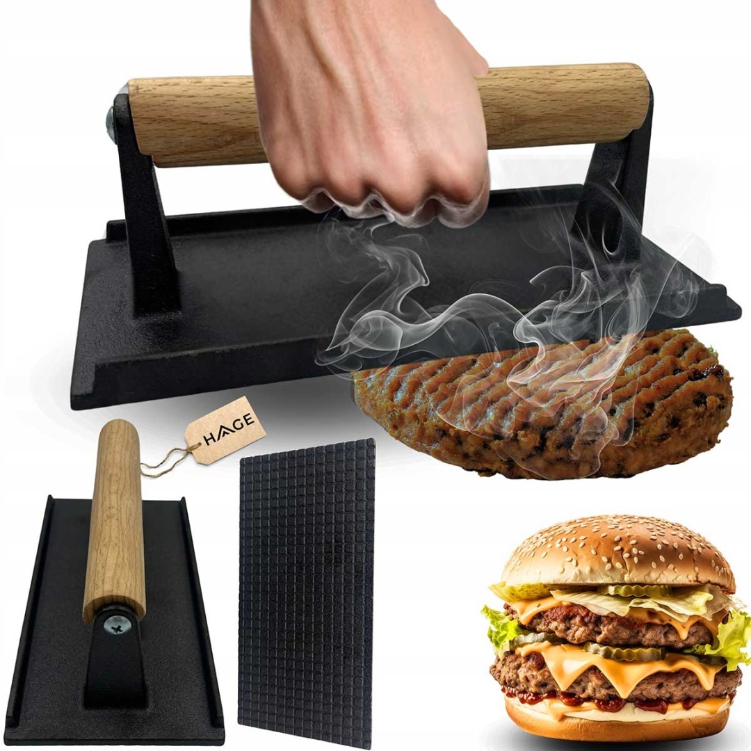 HAGE ŻELIWNA PRASKA 20x10cm DO GRILLOWANIA BURGERÓW STEKÓW MIĘSA 