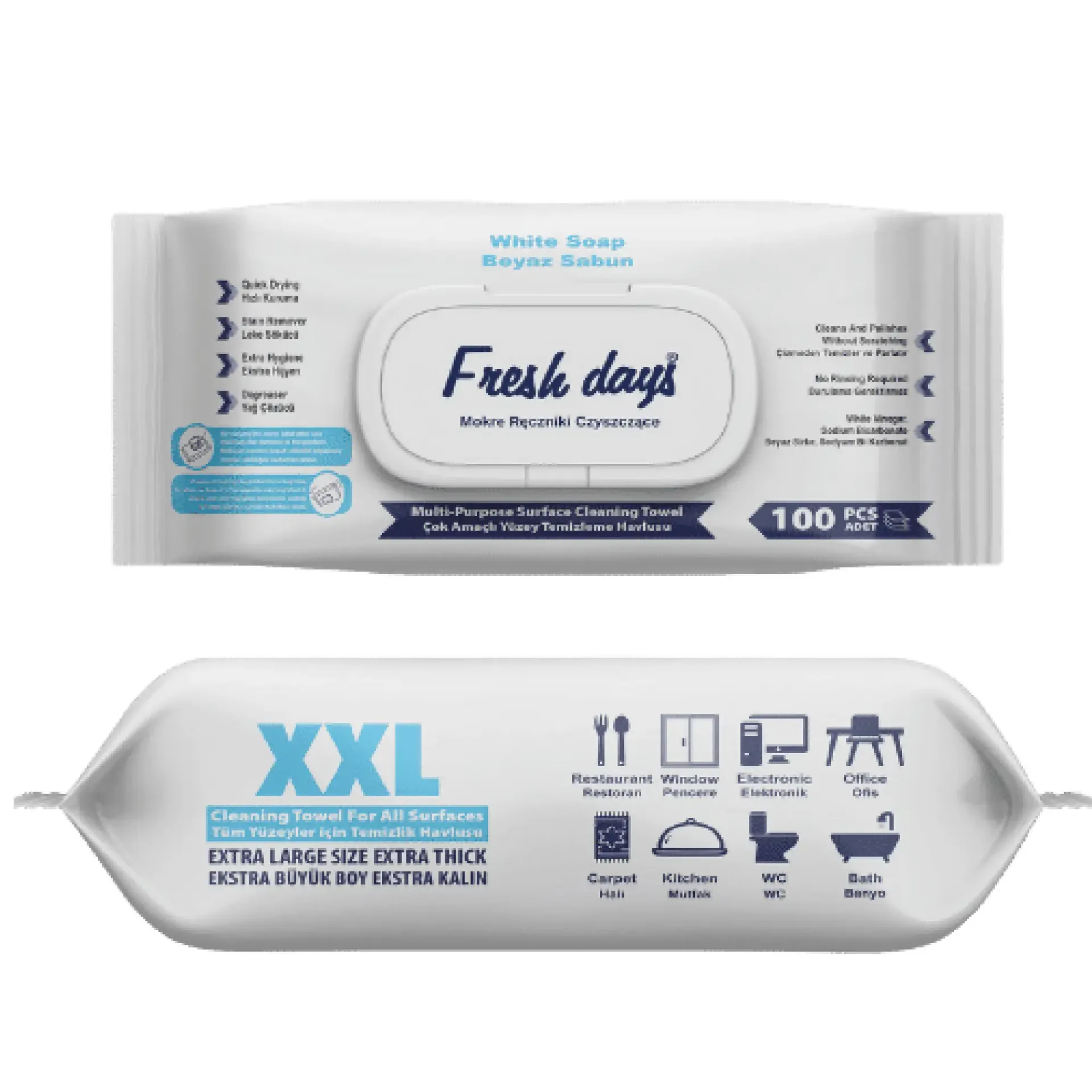 Fresh days, Mokre ręczniki czyszczące do łatwego sprzątania XXL, 100 sztuk