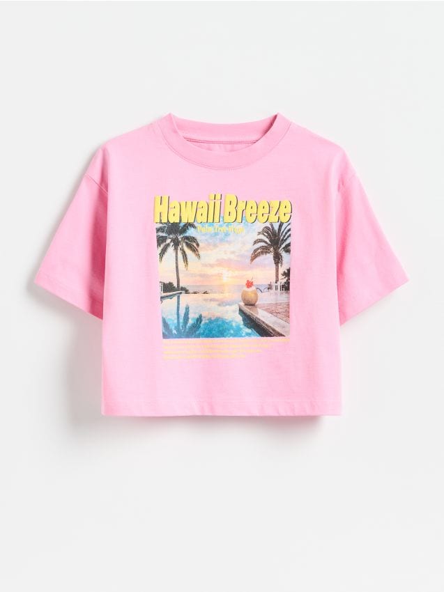 Reserved - Krótki t-shirt z nadrukiem - różowy