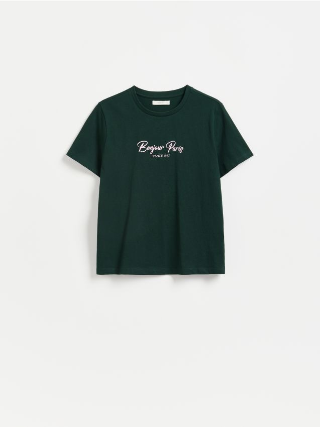 Reserved - Bawełniany t-shirt z nadrukiem - ciemnozielony