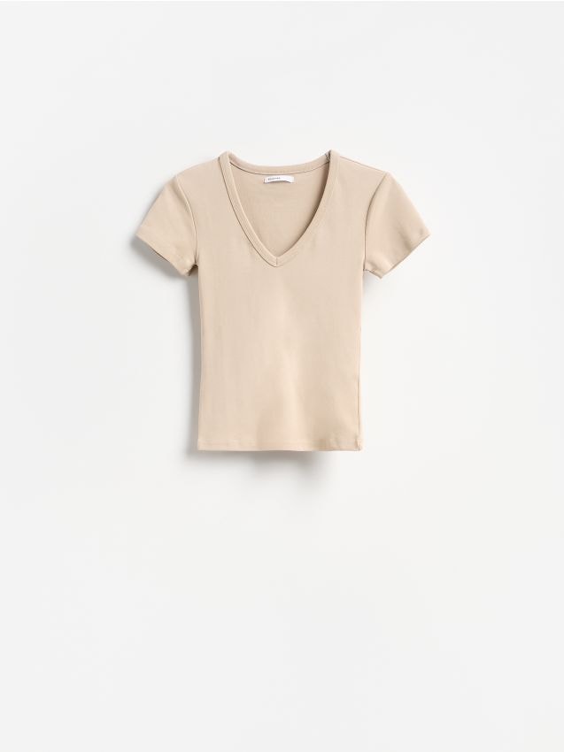 Reserved - T-shirt z bawełną - beżowy