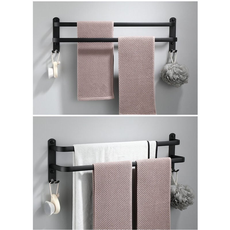 Wieszak na ręczniki ścienny z aluminium, wieszak na ręczniki z 2 poziomami z hakiem 40 cm, wodoodporny, czarny, odpowiedni do łazienki