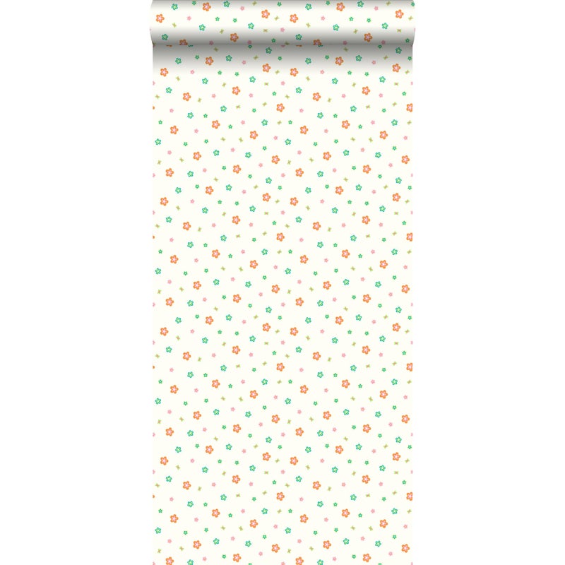 Tapeta kwiaty limonkowej zieleniIpomarańczowym - 53 cm x 10.05 m - ESTAHOME