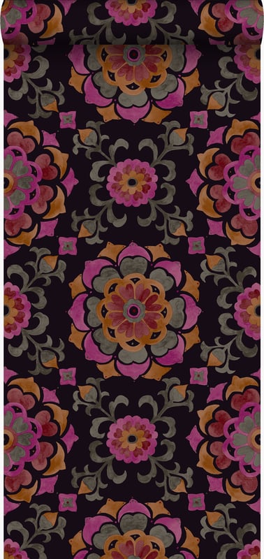 Tapeta suzanne kwiaty czarnym,pomarańczowymIróżowym - 53 cm x 10.05 m - ORIGIN
