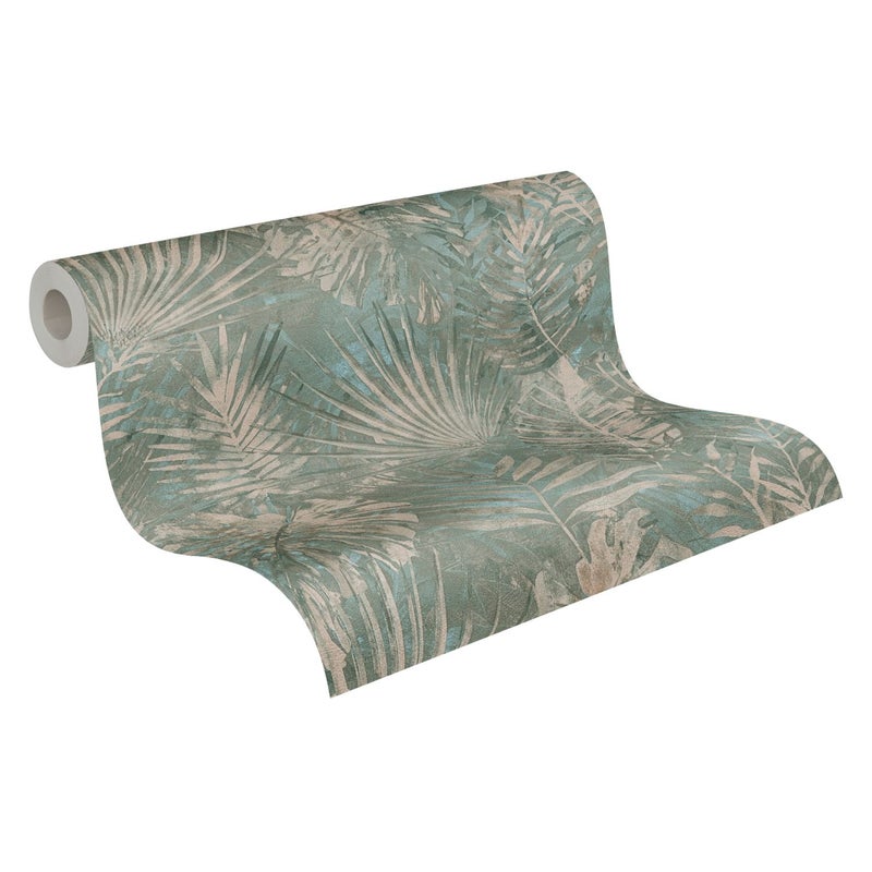 Tapeta tropikalne liście zielonym,niebieskim,beżowymIpetrol blue - 53 cm x 10.05 m - A.S. CRÉATION