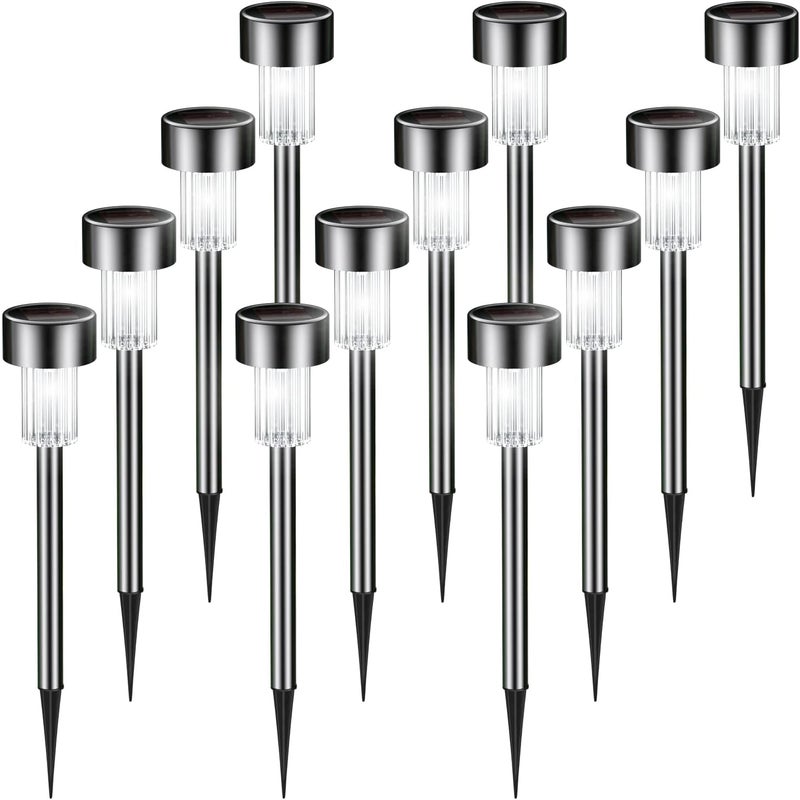 【12 szt.】Lampy solarne do trawników ze stali nierdzewnej, ciepłe białe światło