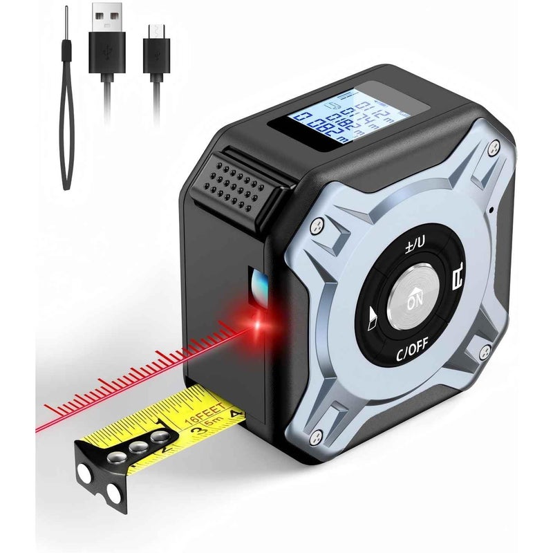 Szara, 2 w 1 taśma miernicza laserowa, dalmierz laserowy 40 m i taśma miernicza 5 m, akumulatorowy miernik laserowy USB-C, ekran LCD, wiele trybów pom