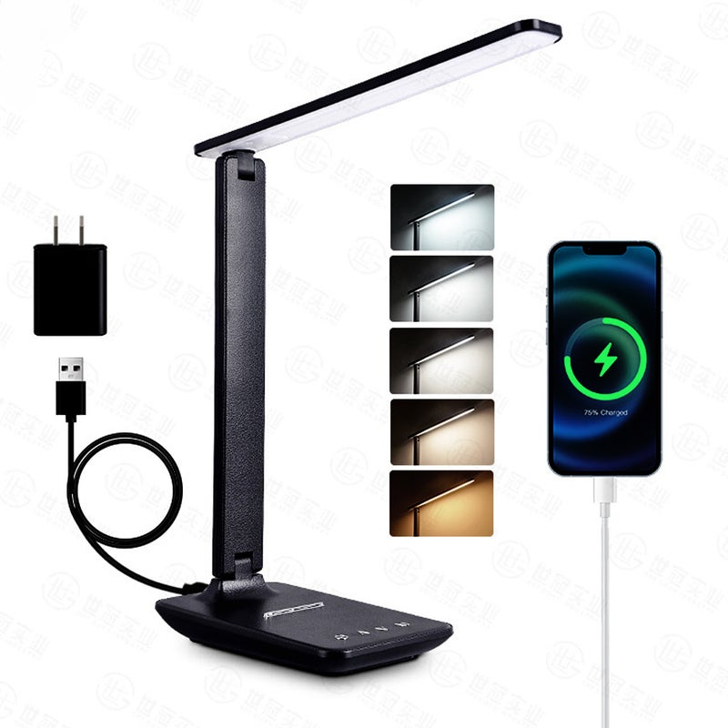 Lampka biurkowa LED (czarna) z adapterem, składana i regulowana lampka nocna z 5 trybami kolorów i 5 poziomami jasności, port ładowania USB