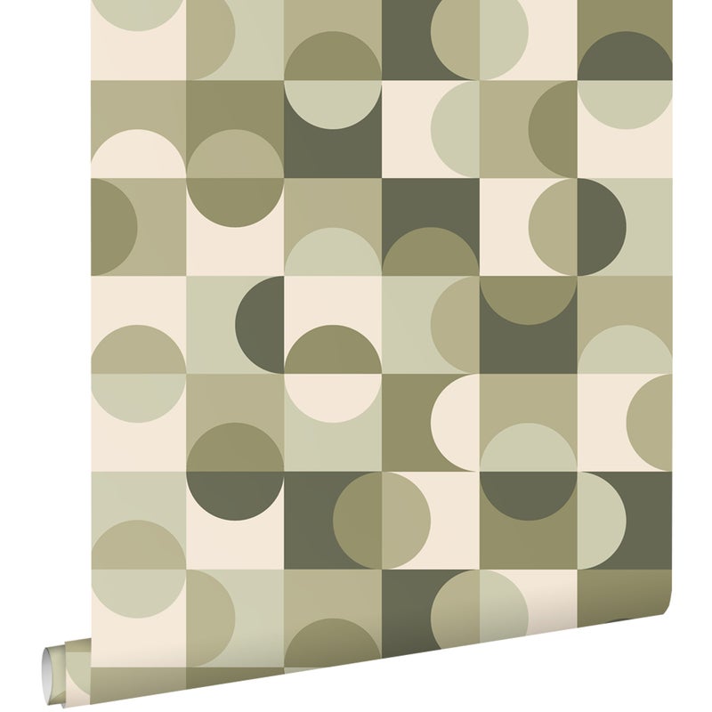 Tapeta koła w stylu Bauhaus szaro zielonymIbeżowym - 50 x 900 cm - ESTAHOME