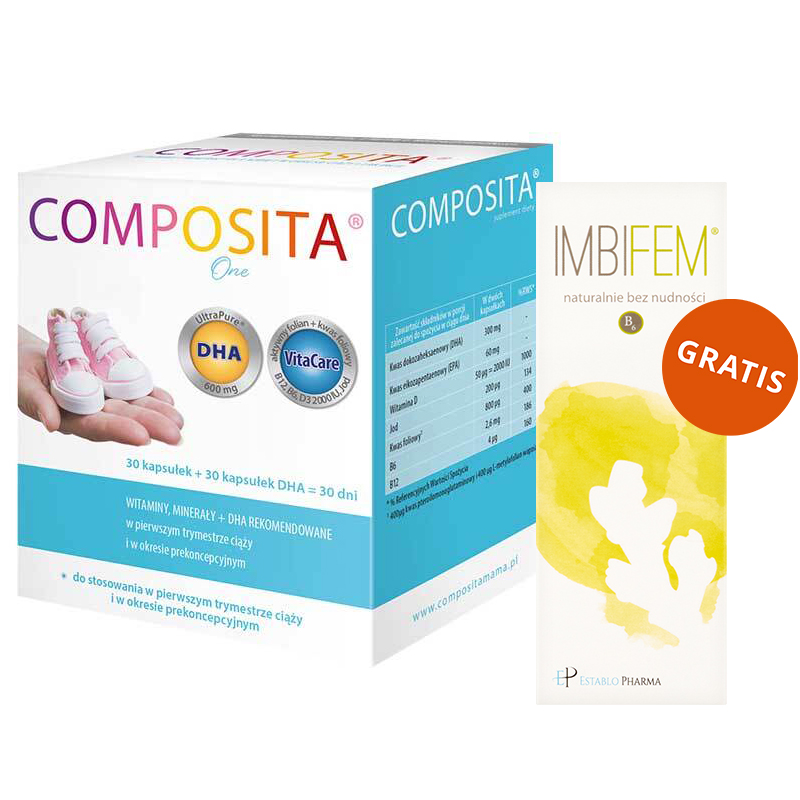 Composita One, 30 kapsułek + 30 kapsułek DHA + Imbifem, krople, 50 ml gratis