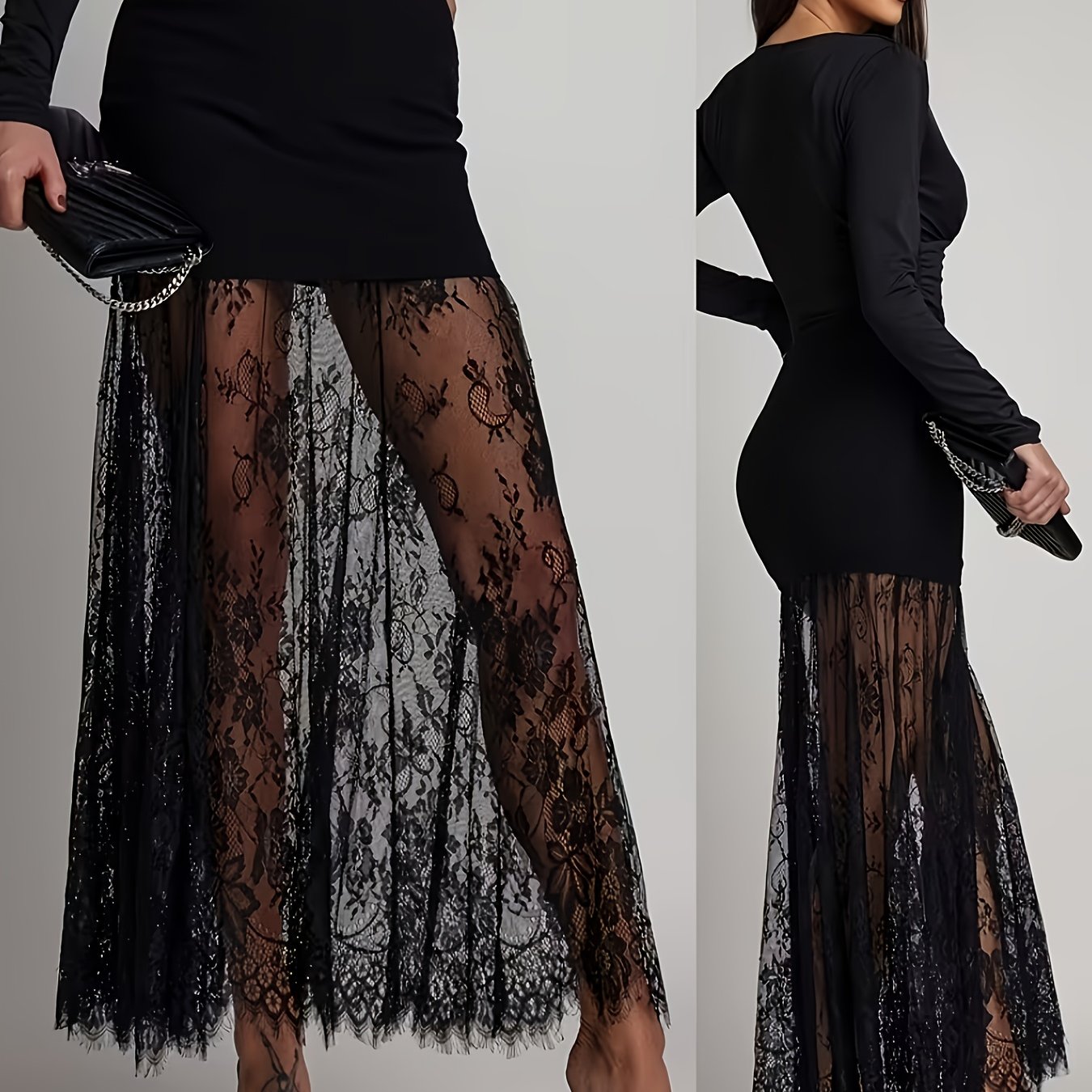TEMU Bardziej Elegancka Spódnica z Ostrzonymi Krawędziami, z Czarną Koronką i Frędzlami