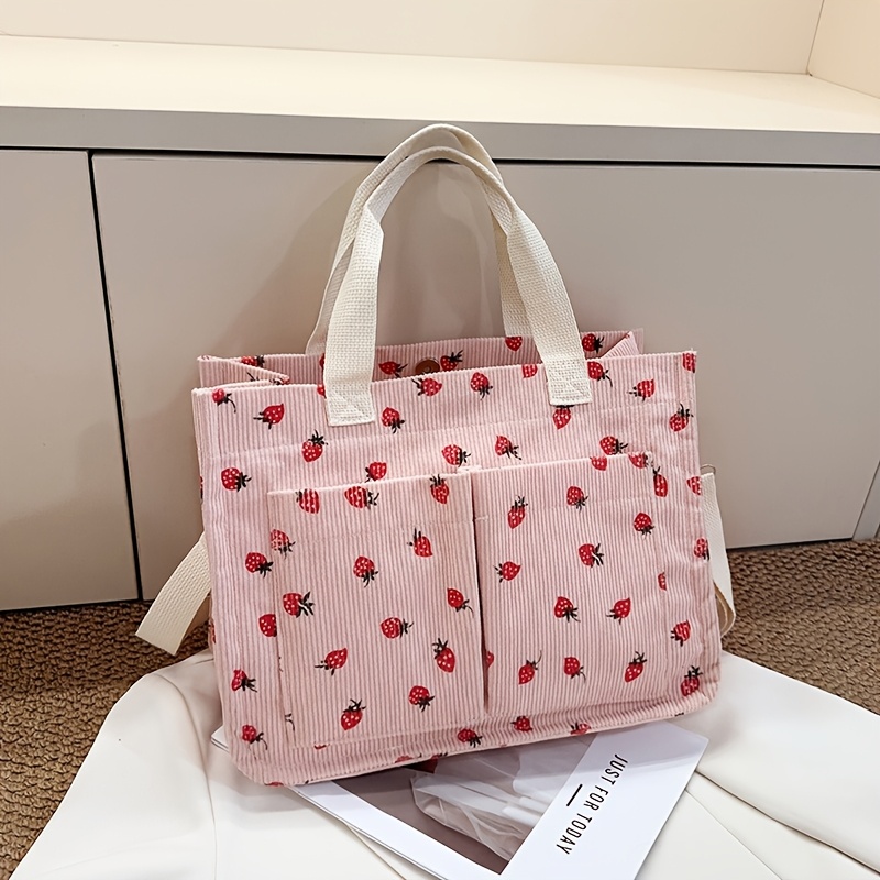 TEMU Sztruksowa damska torba na ramię typu crossbody, leśny styl inspirowany Instagramem, urocza i słodka torba z nadrukiem truskawek i kokardki,