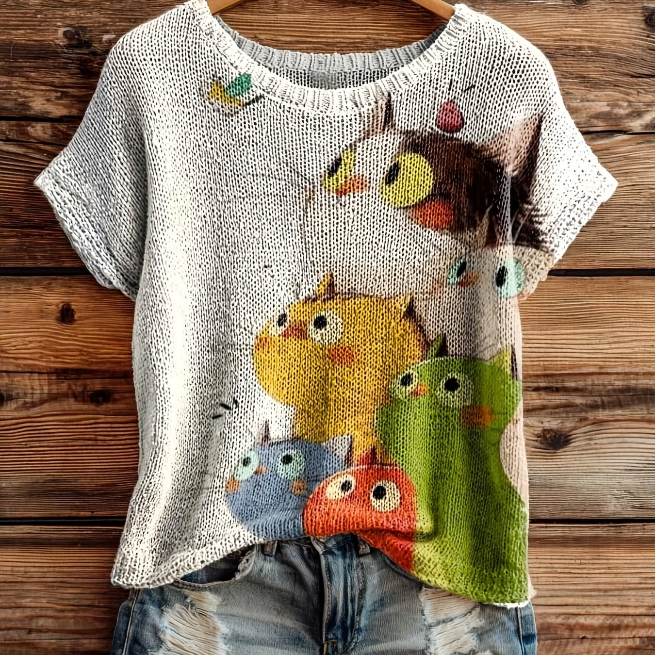 TEMU Damski Top Bez Rękawów z Okrągłym Dekoltem, Nowy Styl Wiosna/, Modny Pulower z Płaskim Nadrukiem Cyfrowym, Wzór Okrągły, 2D Płaski