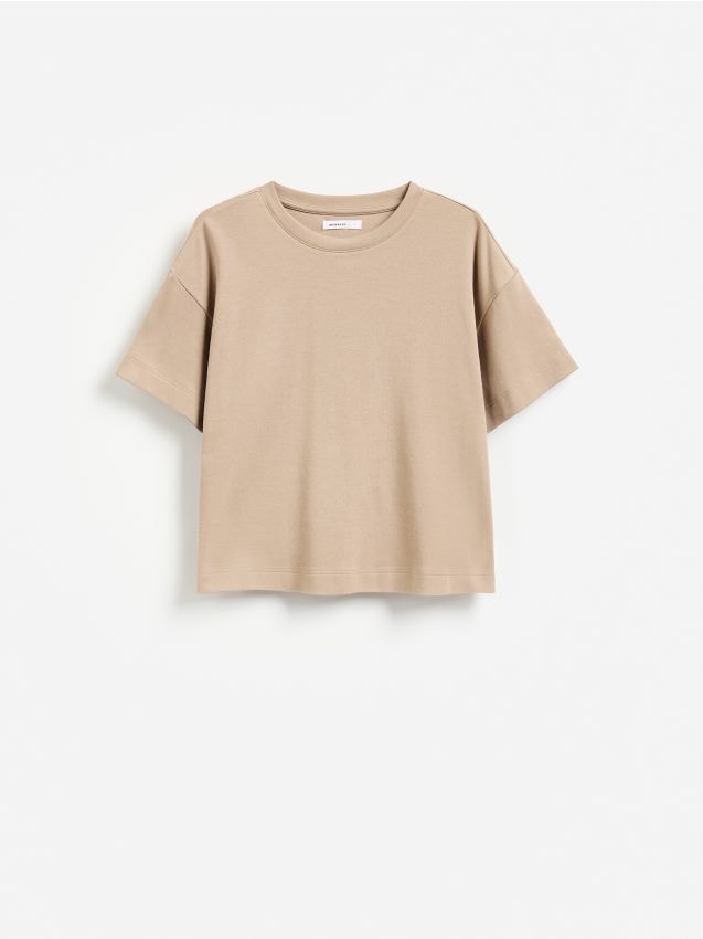 Reserved - Dzianinowy t-shirt z bawełną - beżowy