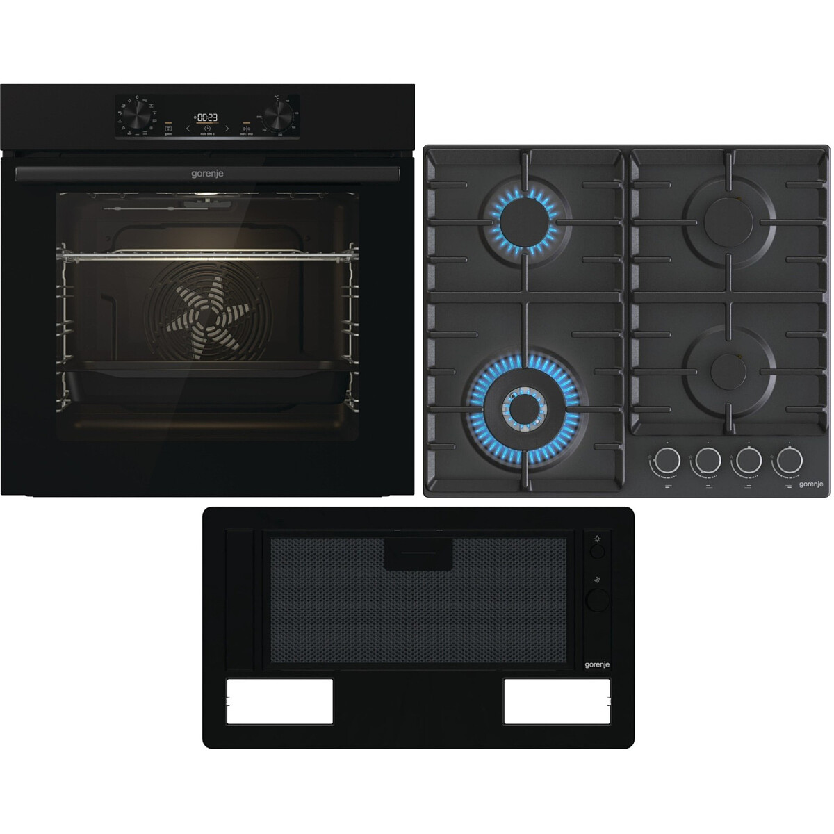 Zestaw AGD do zabudowy Gorenje Piekarnik elektryczny BOP6737E02BK + Płyta gazowa GW642AB + Okap wkład BHI681EB