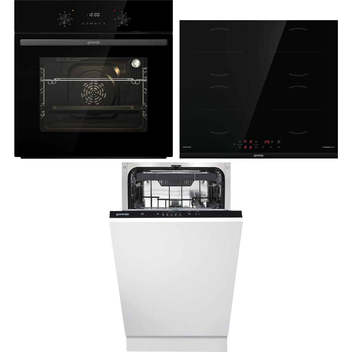 Zestaw AGD do zabudowy Gorenje Piekarnik elektryczny BO6635E01BG + Płyta indukcyjna GI6401BCE + Zmywarka GV520E11