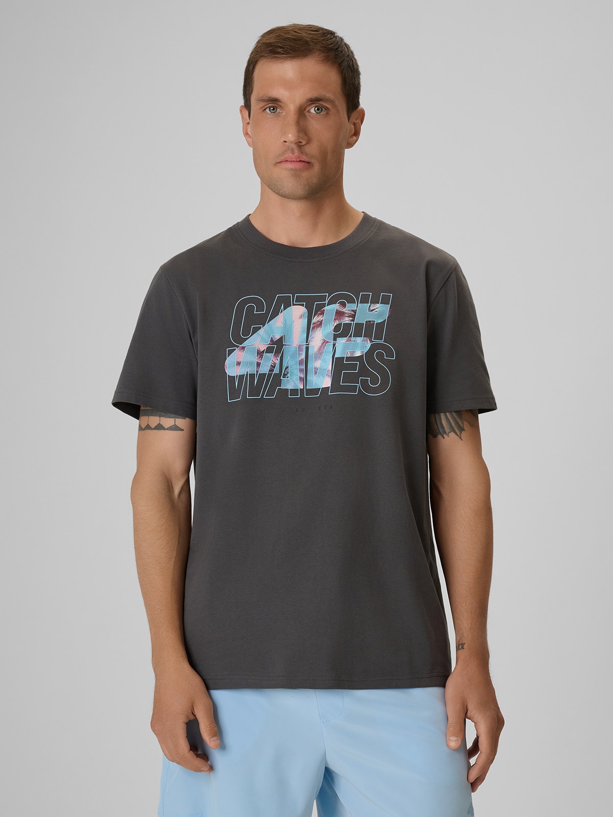 4F T-shirt regular z nadrukiem męski - szary XXL