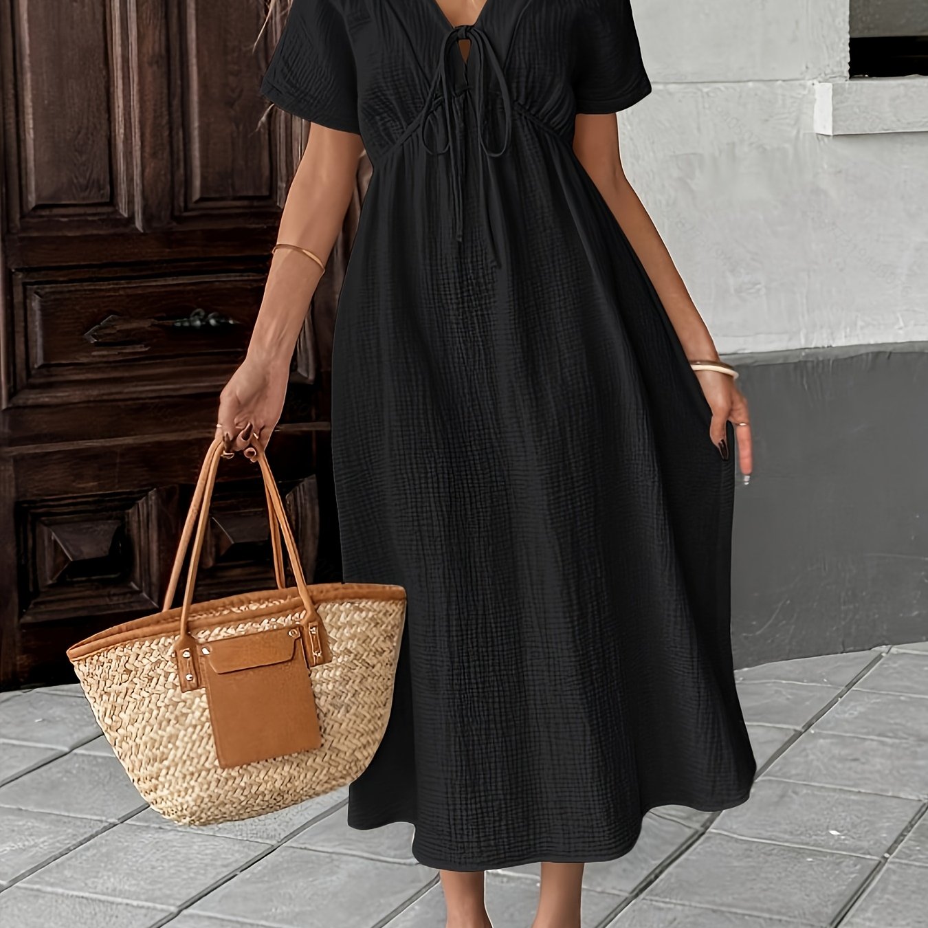 TEMU Kobieca Elegancka Sukienka w Stylu Boho z Krótkim Rękawem, Jednokolorowa