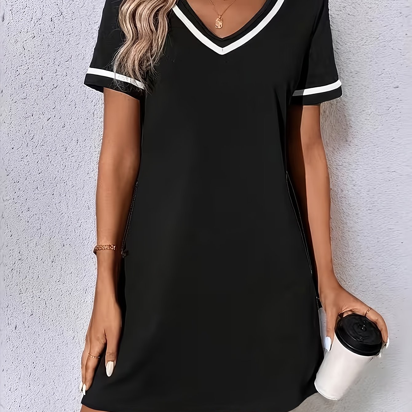 TEMU Sukienka V-neck z krótkim rękawem w bloki kolorów na wiosnę/