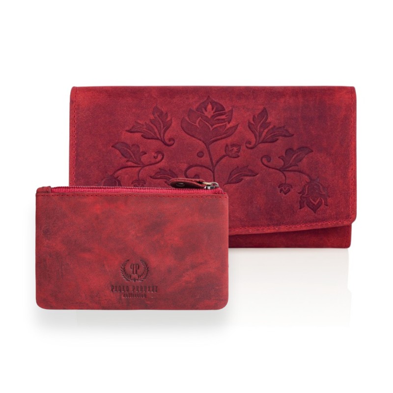 Bestsellerowy portfel damski skórzany czerwony T-01 etui na klucze vintage T-51 zestaw upominkowy ZUP-36-RD