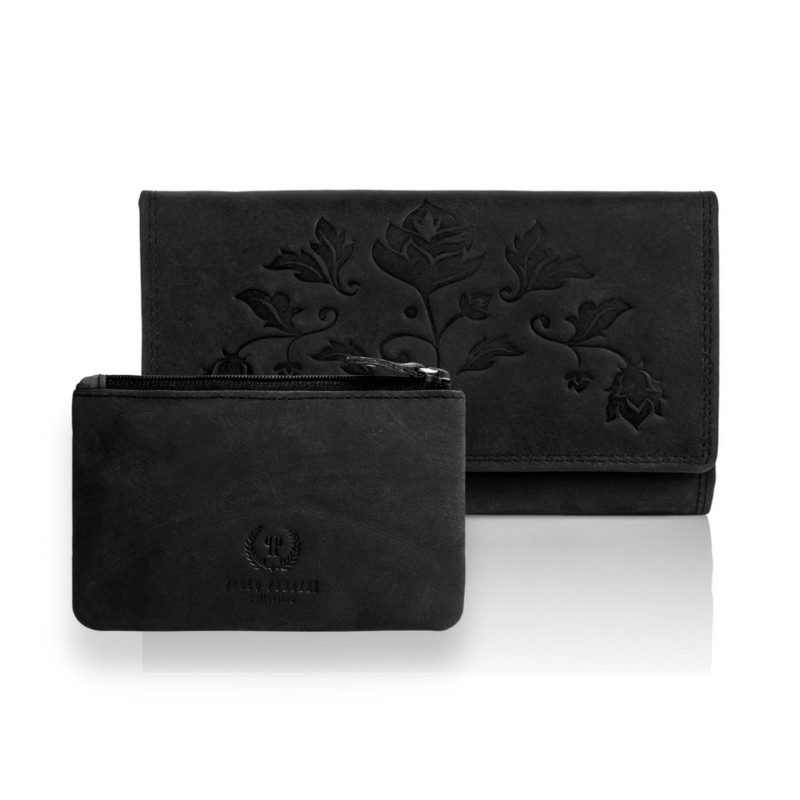 Portfel damski skórzany czarny T-05 etui na klucze vintage T-51 ponadczasowy zestaw upominkowy ZUP-36-BL