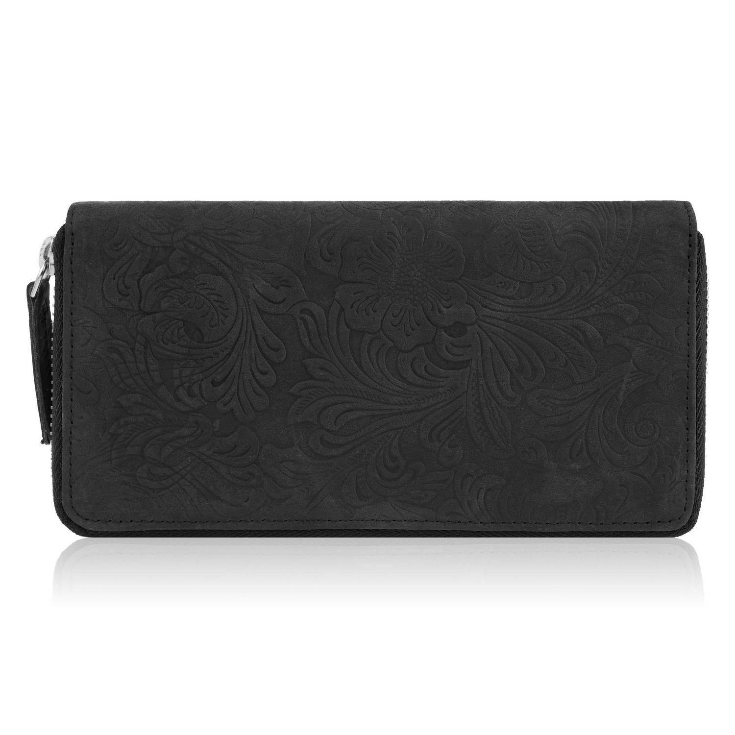 Portfel damski skórzany vintage w kwiaty czarny duży T-08-BL