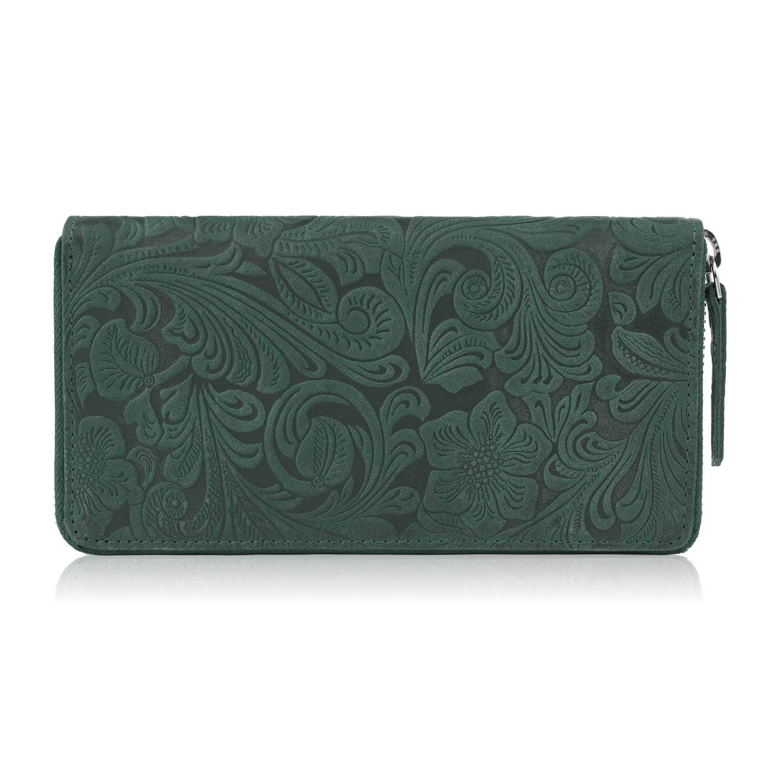 Portfel damski skórzany vintage w kwiaty duży zielony modny T-08-GR