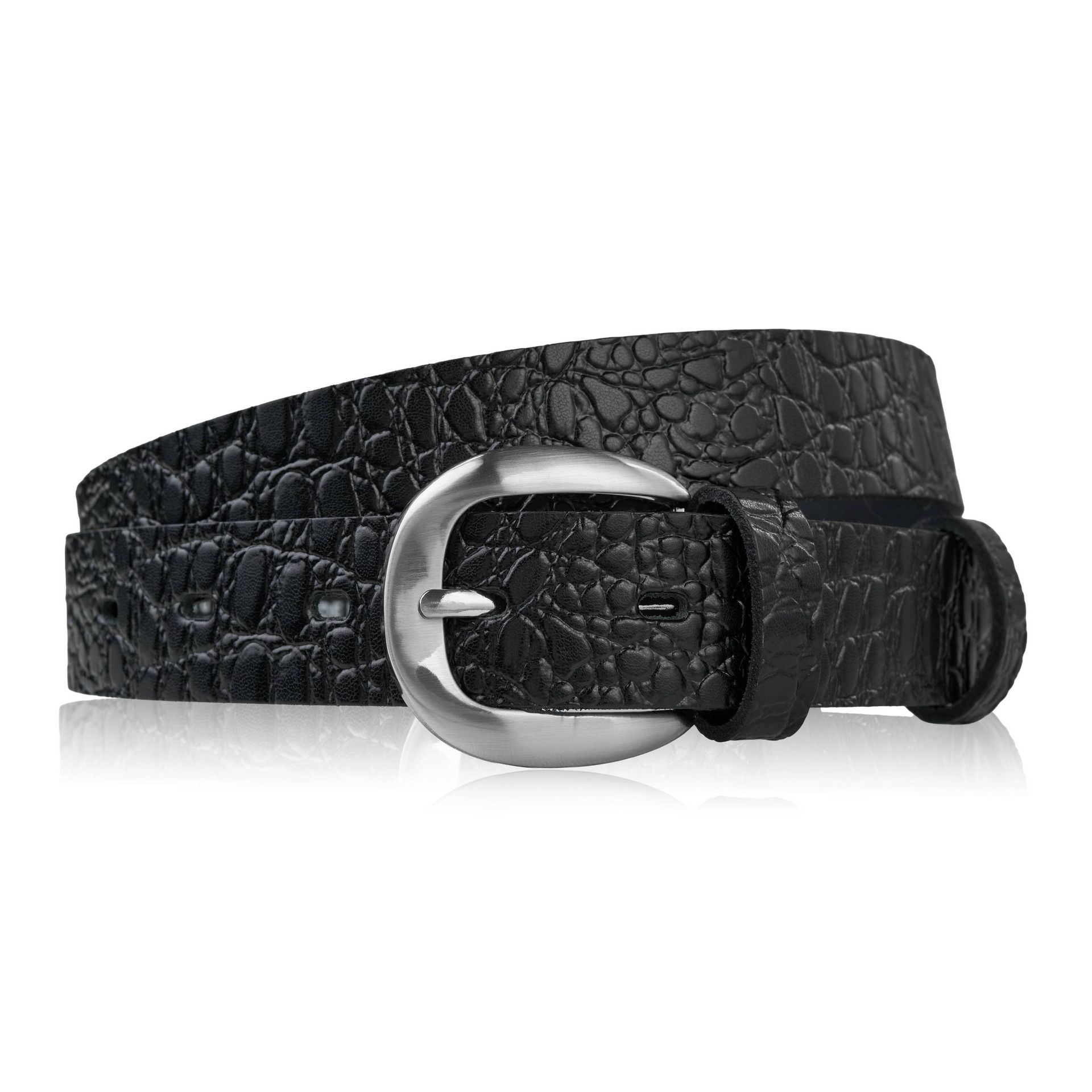 Pasek damski skórzany 110 cm do spodni wąski czarny croco srebrna klamra PG-12-CSBL-110