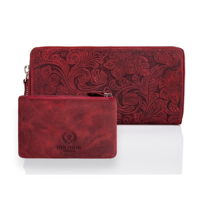 Czerwony portfel damski skórzany w kwiaty T-08 etui na klucze w stylu vintage T-51 zestaw prezentowy ZUP-38-RD