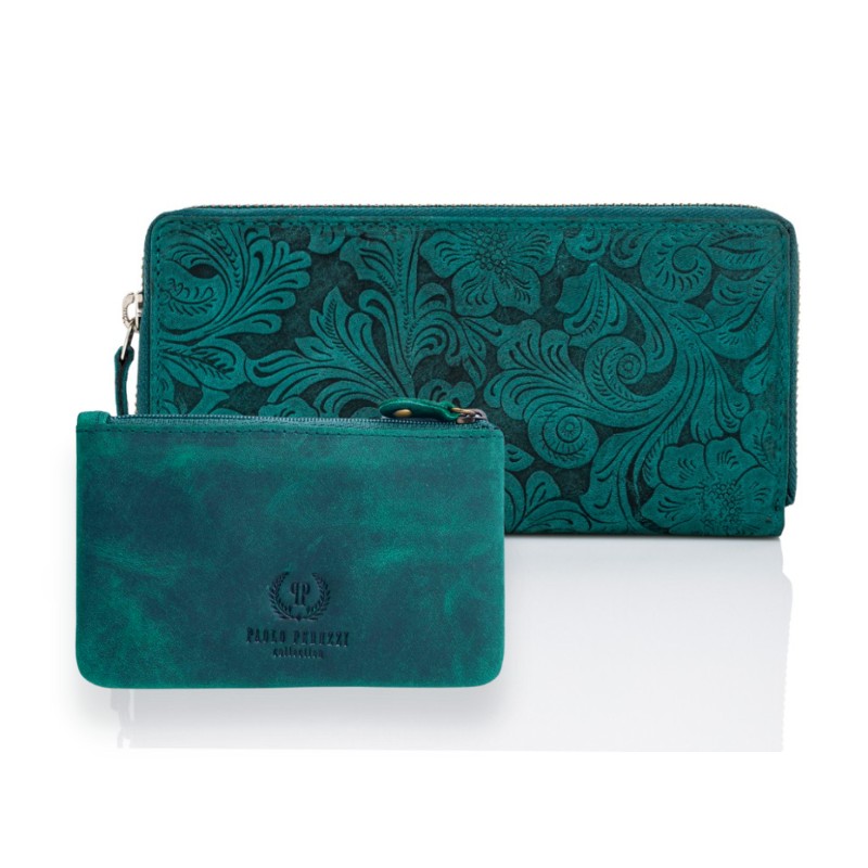 Portfel damski skórzany w kwiaty T-08 etui na klucze w stylu vintage T-51 oryginalny zestaw upominkowy dla kobiet ZUP-38-GR