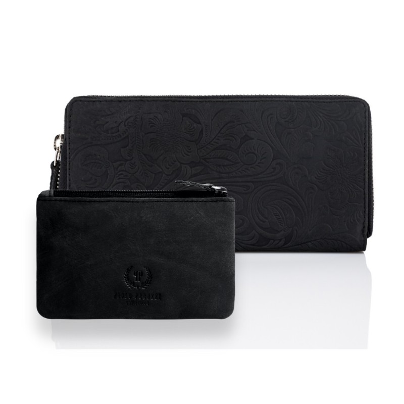 Portfel damski skórzany vintage duży T-08 etui na klucze czarne T-51 uniwersalny zestaw prezentowy ZUP-38-BL