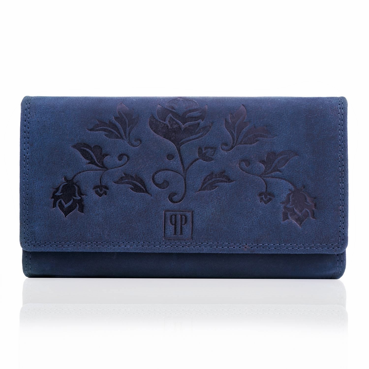 Portfel damski skórzany vintage w kwiaty granatowy duży pojemny RFID T-05-DB