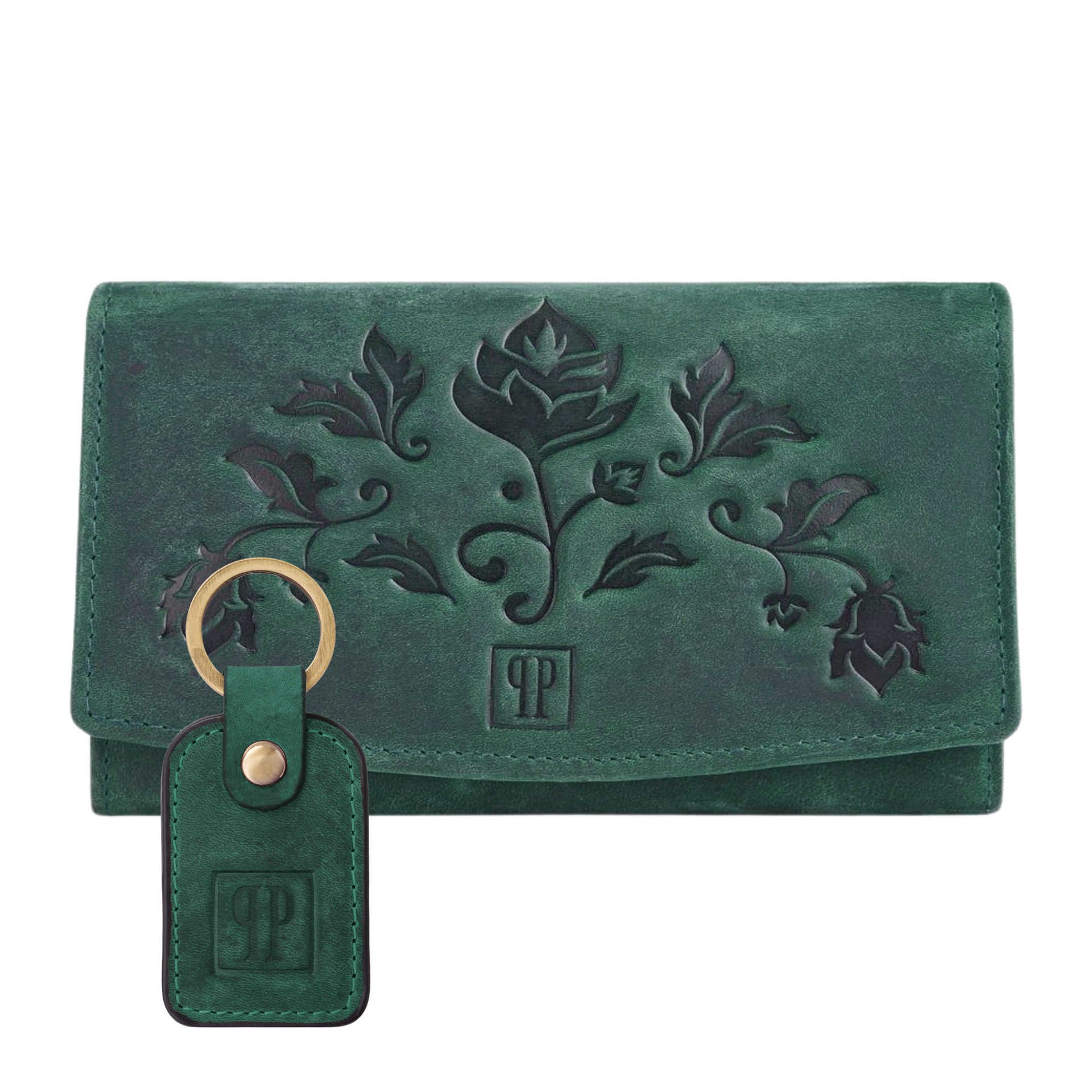 Bestsellerowy portfel damski skórzany w kwiaty vintage T-01 brelok do kluczy ze skóry zielony T-86 zestaw prezentowy ZUP-104-GR