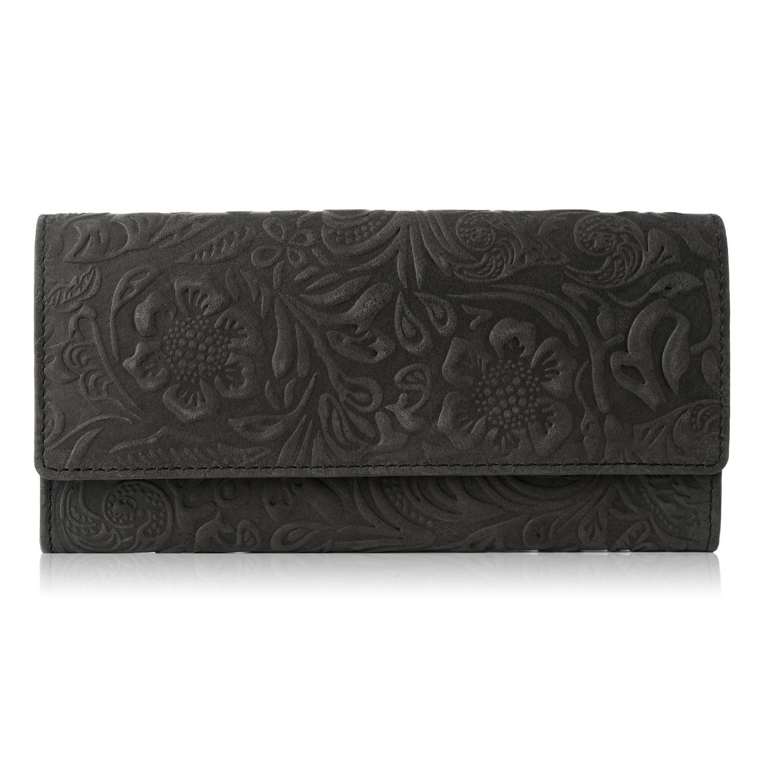 Portfel damski skórzany w kwiaty czarny elegancki poziomy IN-35-BL